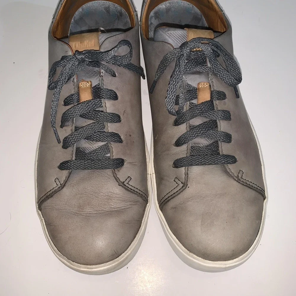 OluKai Lae'ahi Li 'Ili Shoes Mens Size 10.5 Gray Leather Lace Up Casual Sneakers